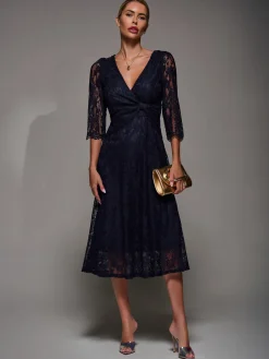 Lace Detail Long Sleeve Midi Dress, Navy