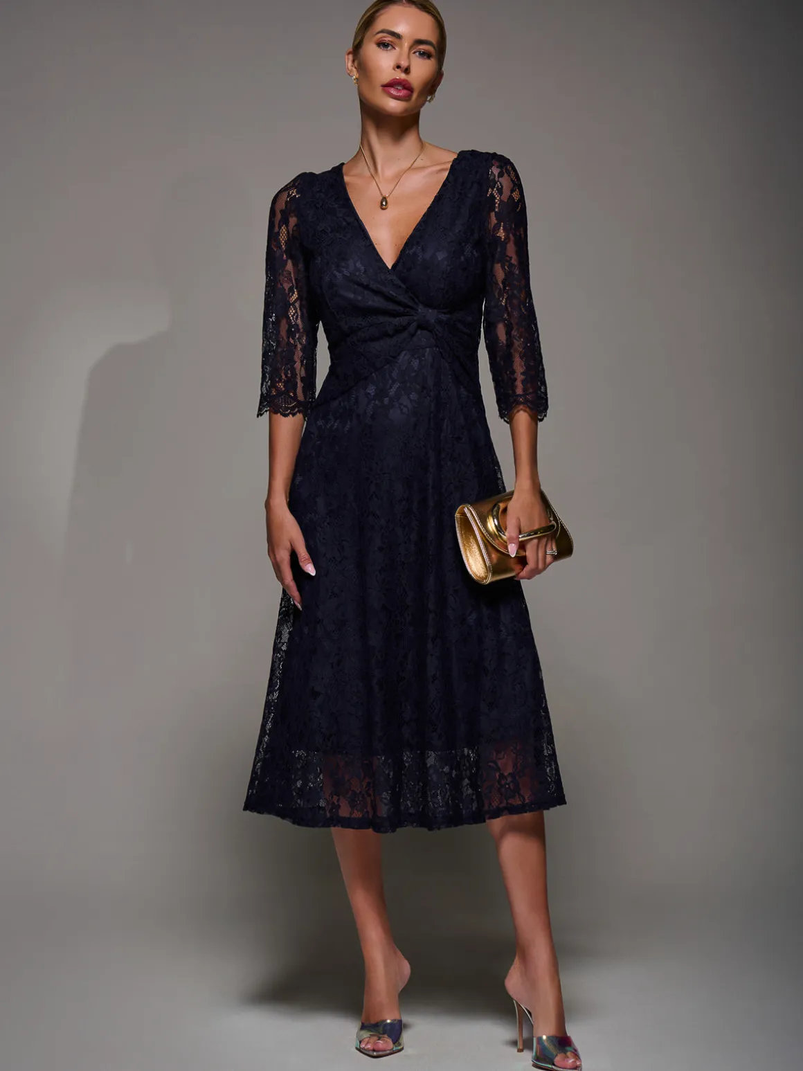Lace Detail Long Sleeve Midi Dress, Navy