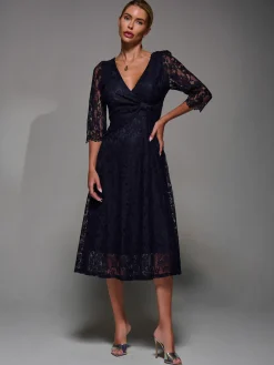 Lace Detail Long Sleeve Midi Dress, Navy