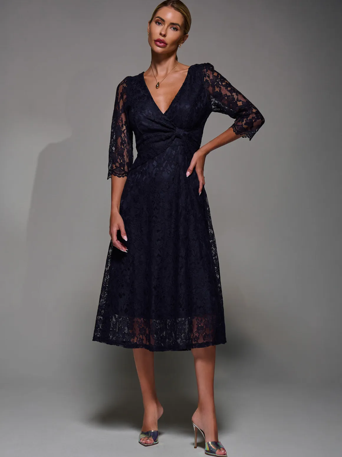 Lace Detail Long Sleeve Midi Dress, Navy