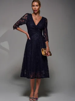 Lace Detail Long Sleeve Midi Dress, Navy