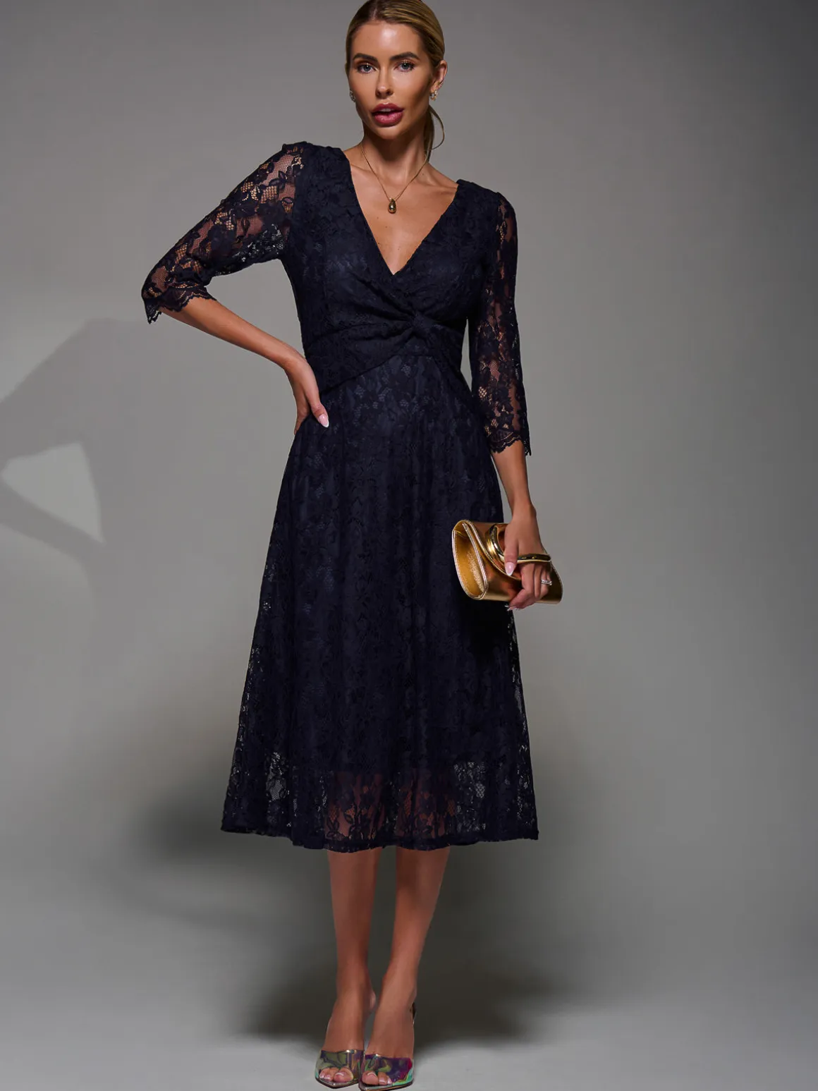 Lace Detail Long Sleeve Midi Dress, Navy