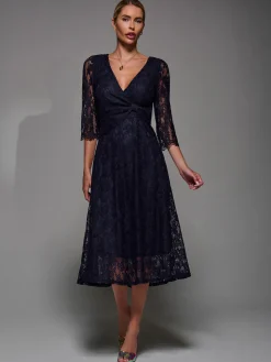 Lace Detail Long Sleeve Midi Dress, Navy