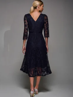 Lace Detail Long Sleeve Midi Dress, Navy