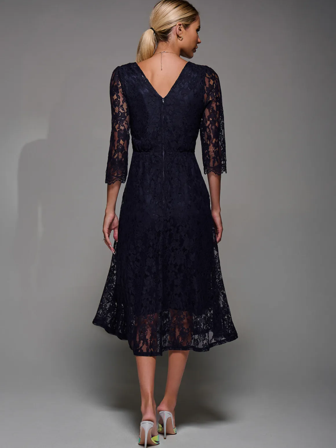 Lace Detail Long Sleeve Midi Dress, Navy