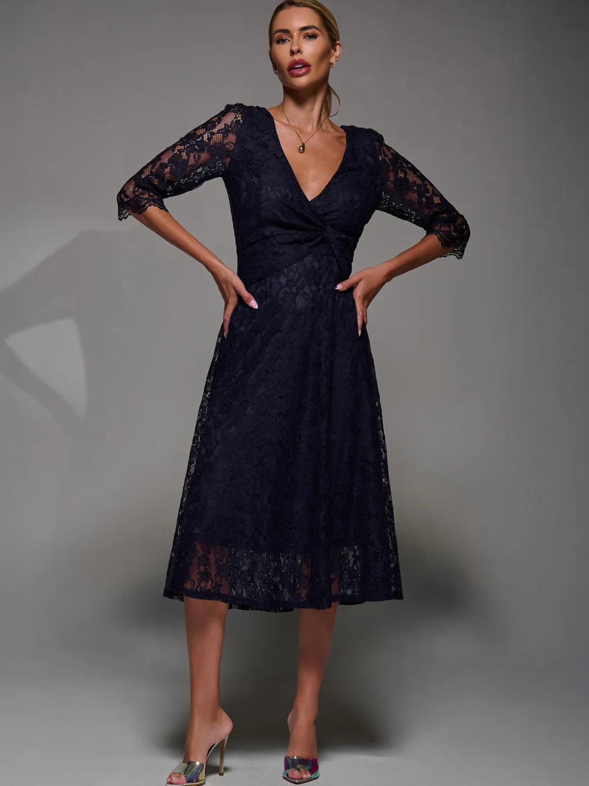 Lace Detail Long Sleeve Midi Dress, Navy