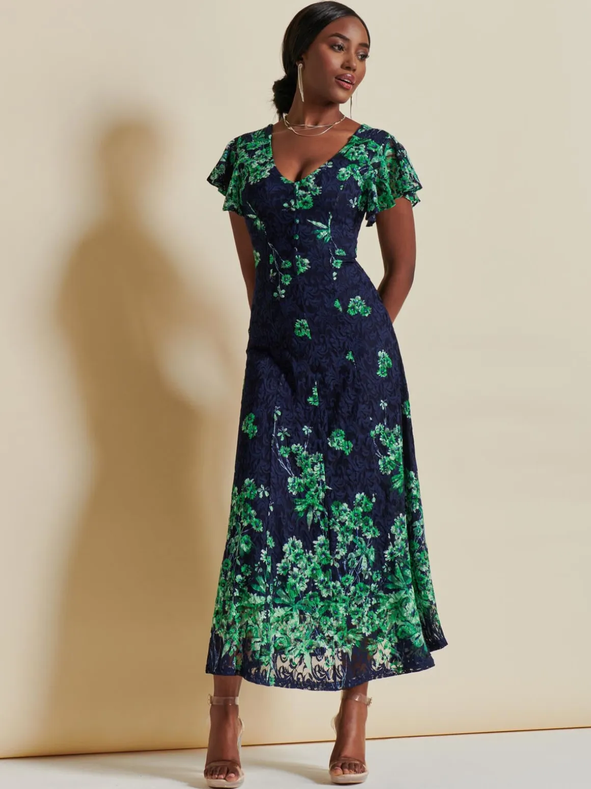 Lace Floral Print Fit & Flare Maxi Dress, Green Floral