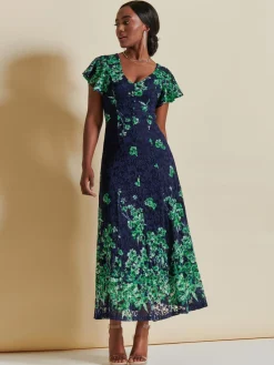 Lace Floral Print Fit & Flare Maxi Dress, Green Floral