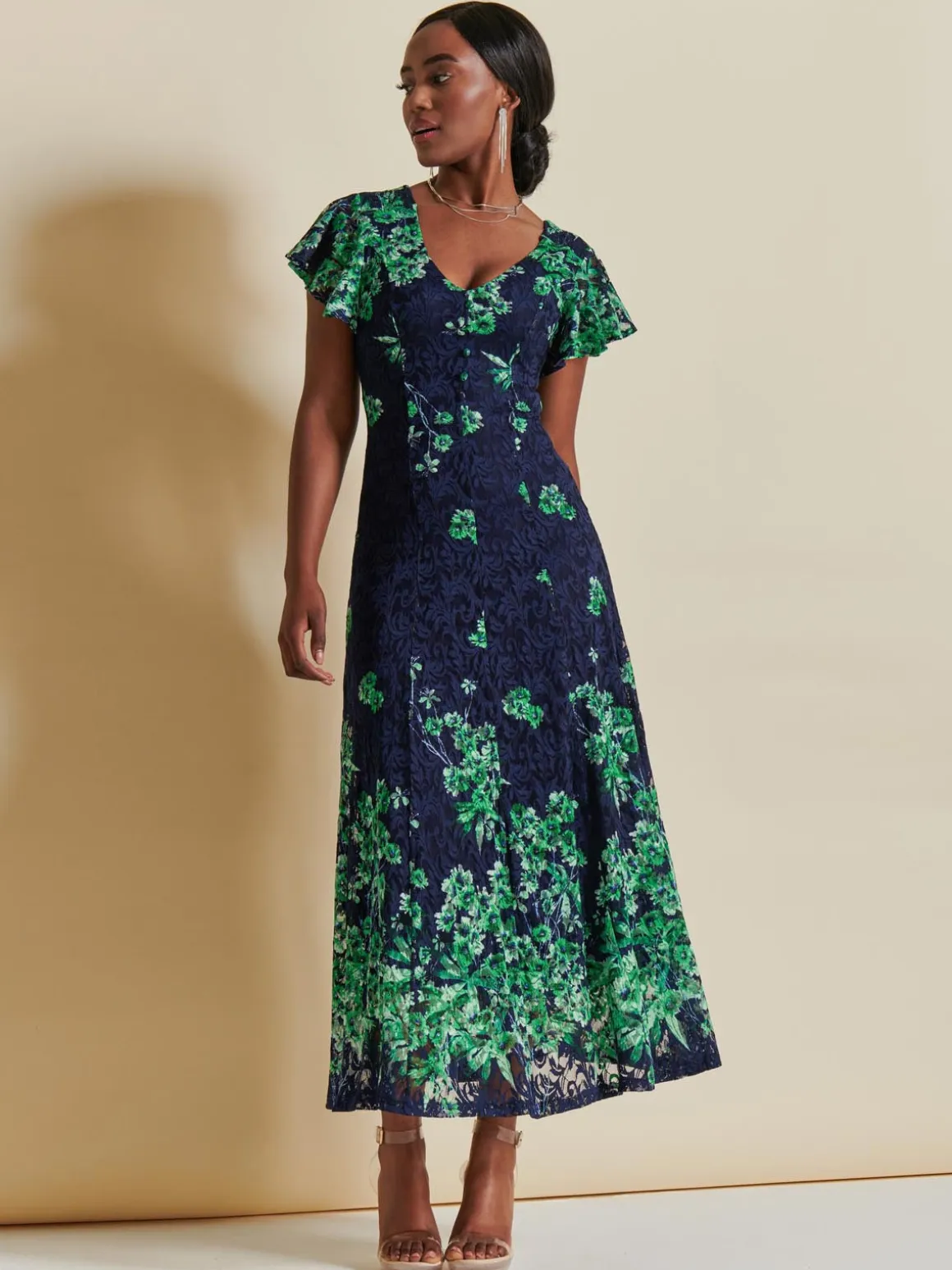Lace Floral Print Fit & Flare Maxi Dress, Green Floral