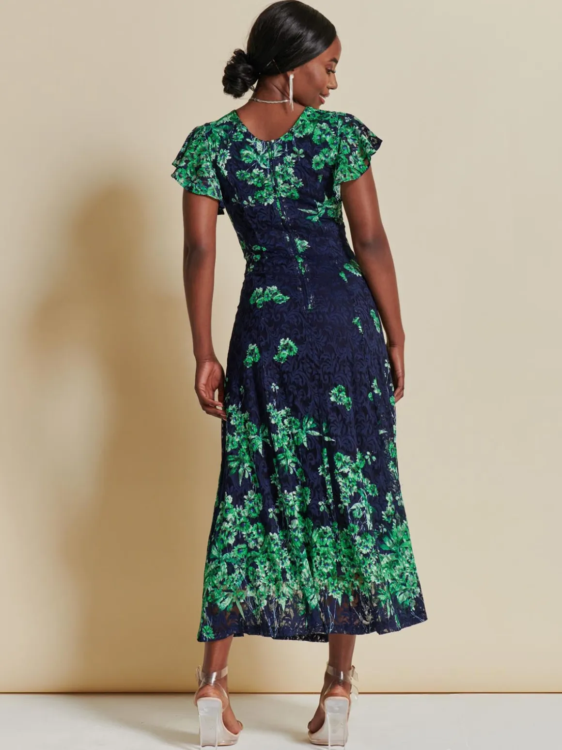 Lace Floral Print Fit & Flare Maxi Dress, Green Floral