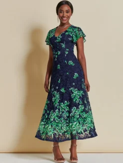 Lace Floral Print Fit & Flare Maxi Dress, Green Floral