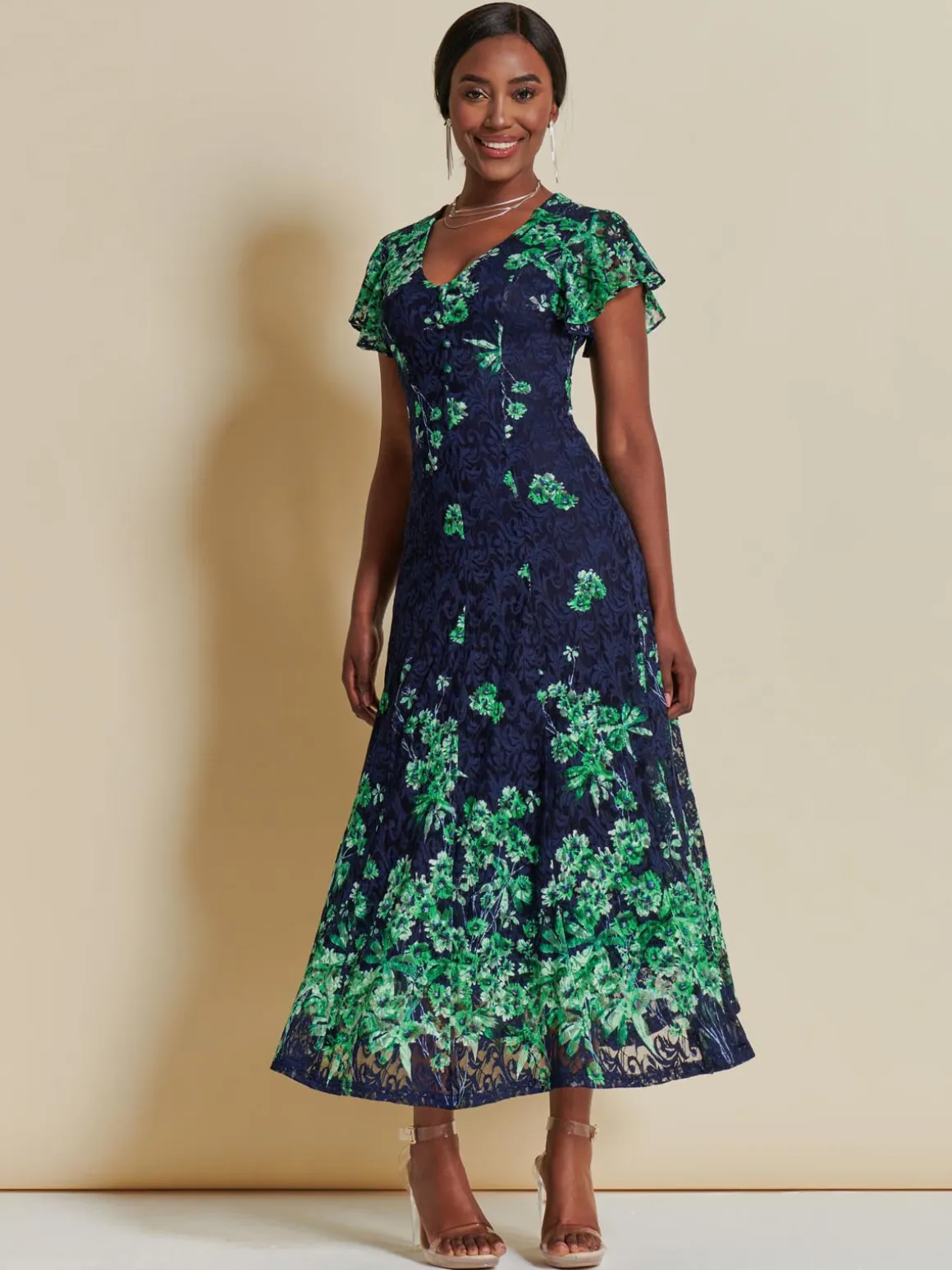 Lace Floral Print Fit & Flare Maxi Dress, Green Floral