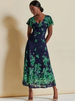 Lace Floral Print Fit & Flare Maxi Dress, Green Floral