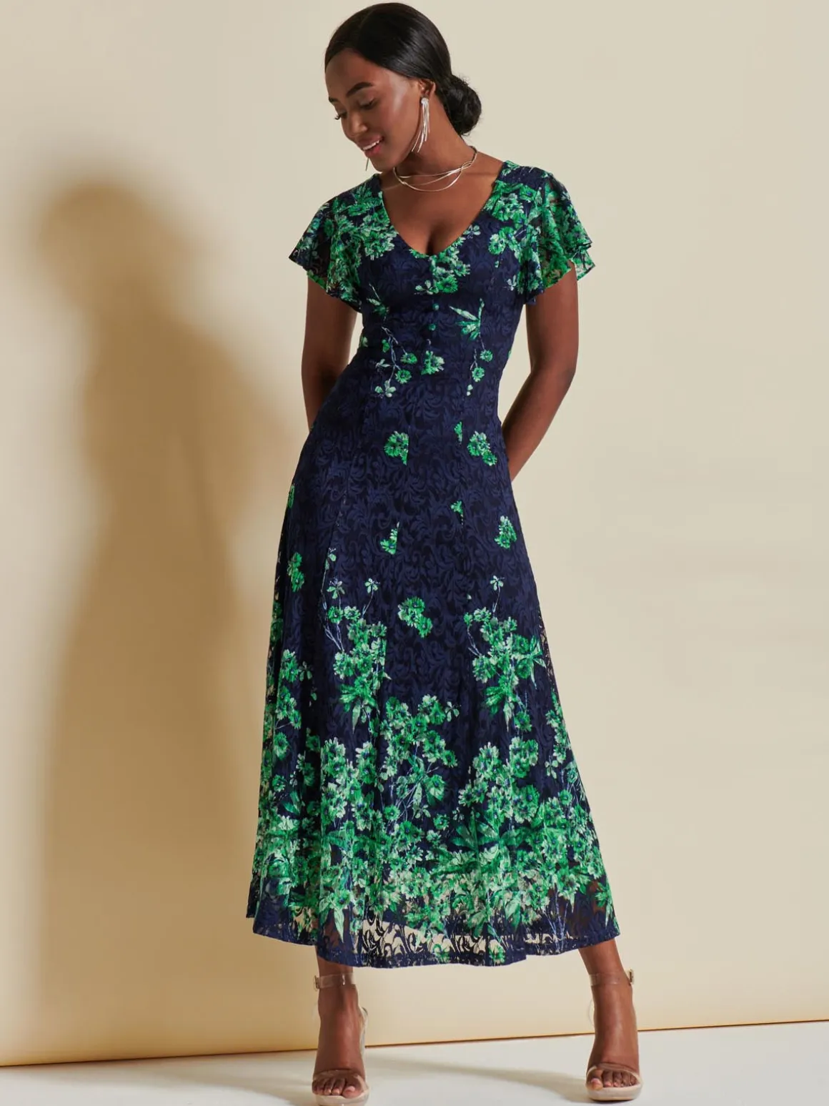 Lace Floral Print Fit & Flare Maxi Dress, Green Floral
