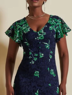 Lace Floral Print Fit & Flare Maxi Dress, Green Floral