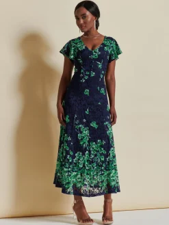 Lace Floral Print Fit & Flare Maxi Dress, Green Floral