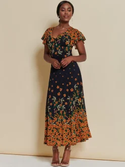 Lace Floral Print Fit & Flare Maxi Dress, Orange Multi