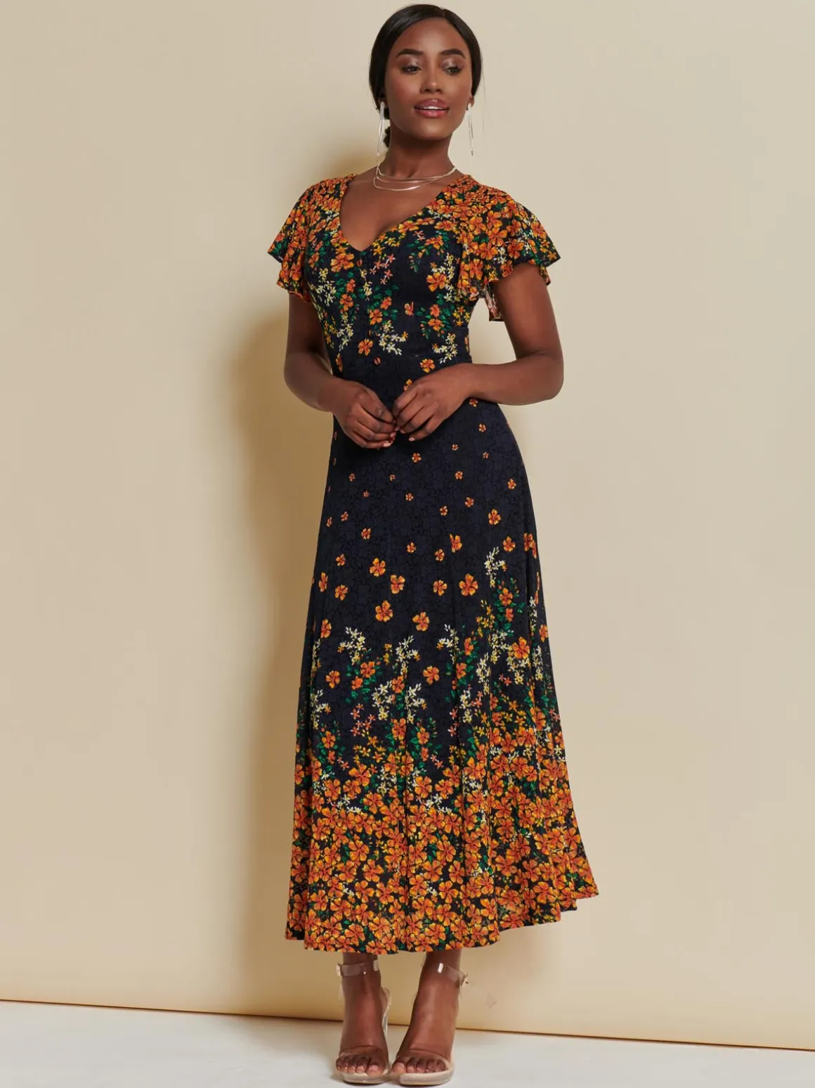 Lace Floral Print Fit & Flare Maxi Dress, Orange Multi