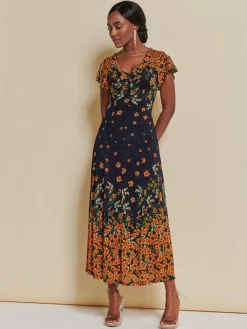 Lace Floral Print Fit & Flare Maxi Dress, Orange Multi