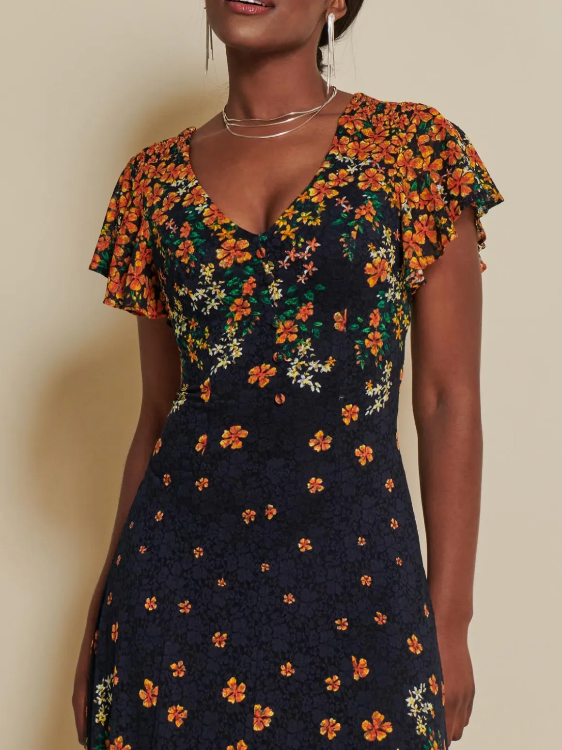Lace Floral Print Fit & Flare Maxi Dress, Orange Multi