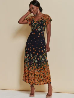 Lace Floral Print Fit & Flare Maxi Dress, Orange Multi