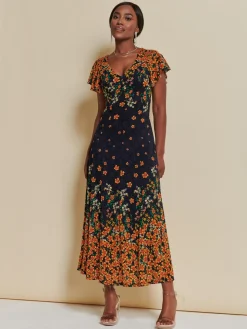 Lace Floral Print Fit & Flare Maxi Dress, Orange Multi