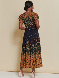 Lace Floral Print Fit & Flare Maxi Dress, Orange Multi