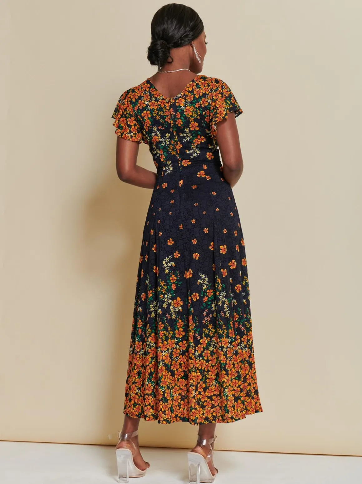 Lace Floral Print Fit & Flare Maxi Dress, Orange Multi