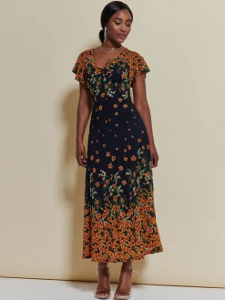Lace Floral Print Fit & Flare Maxi Dress, Orange Multi