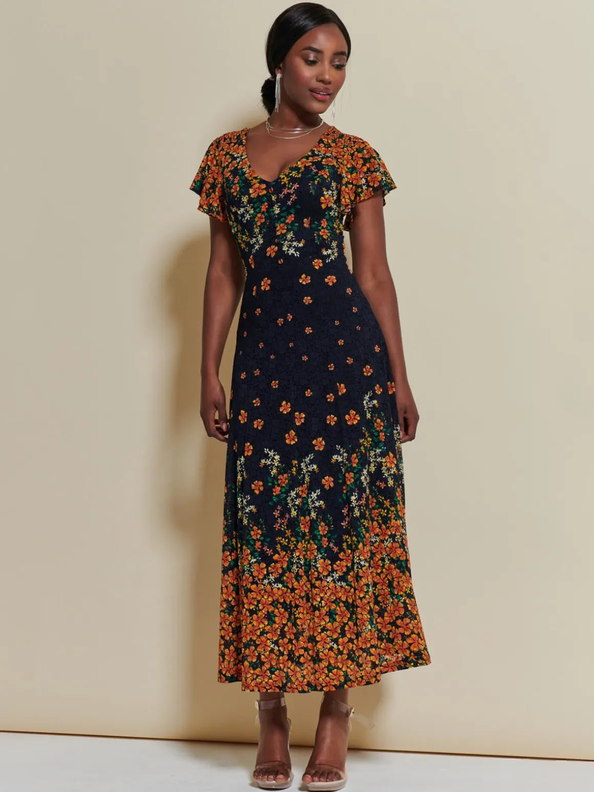Lace Floral Print Fit & Flare Maxi Dress, Orange Multi