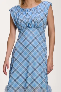 Lace Insert Mesh Maxi Dress, Blue Check