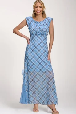 Lace Insert Mesh Maxi Dress, Blue Check