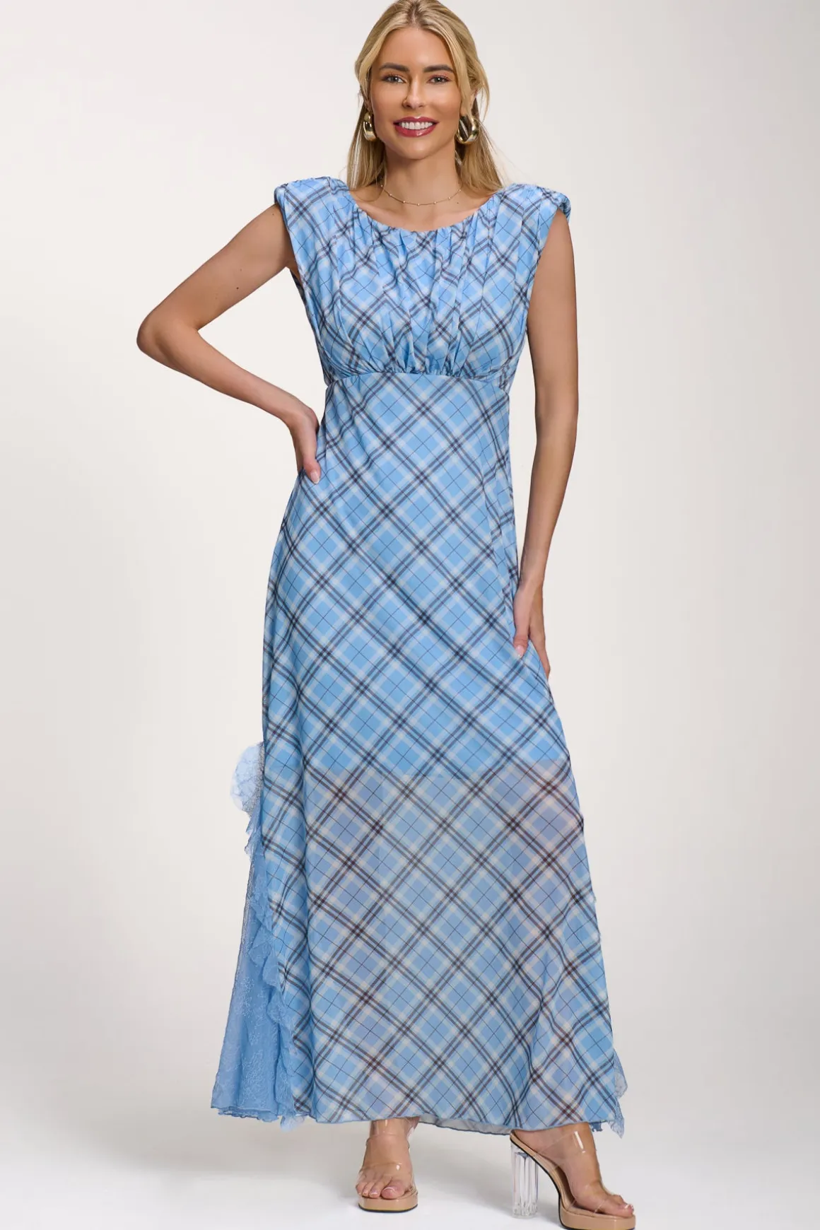 Lace Insert Mesh Maxi Dress, Blue Check
