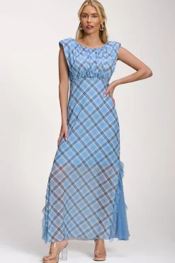 Lace Insert Mesh Maxi Dress, Blue Check