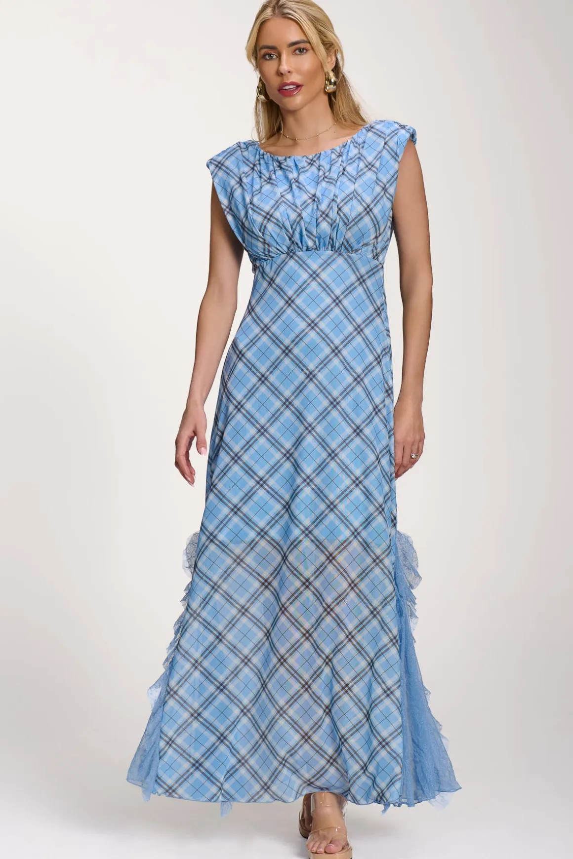 Lace Insert Mesh Maxi Dress, Blue Check