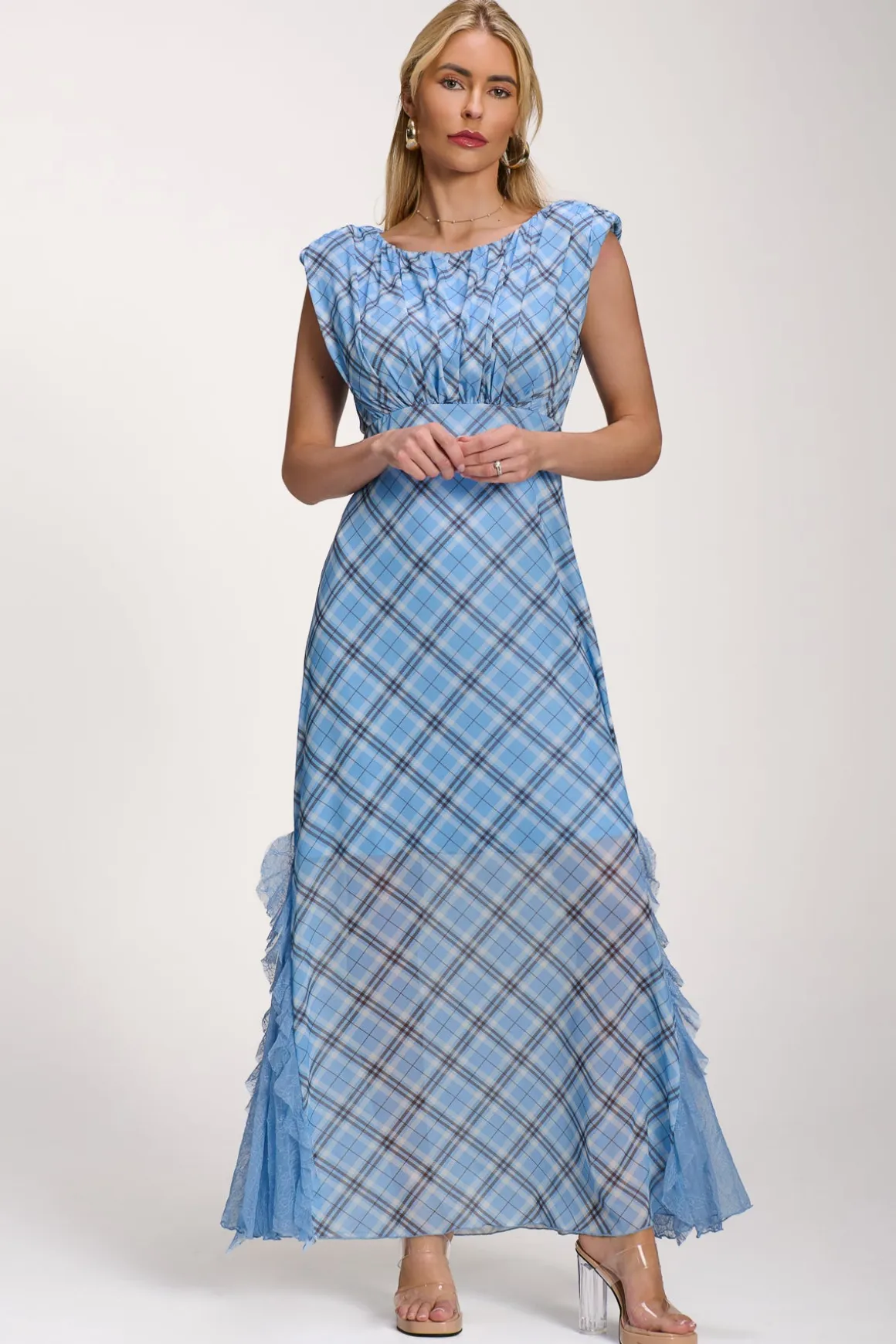 Lace Insert Mesh Maxi Dress, Blue Check