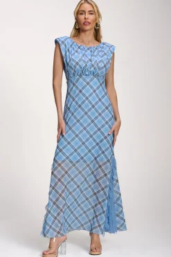 Lace Insert Mesh Maxi Dress, Blue Check