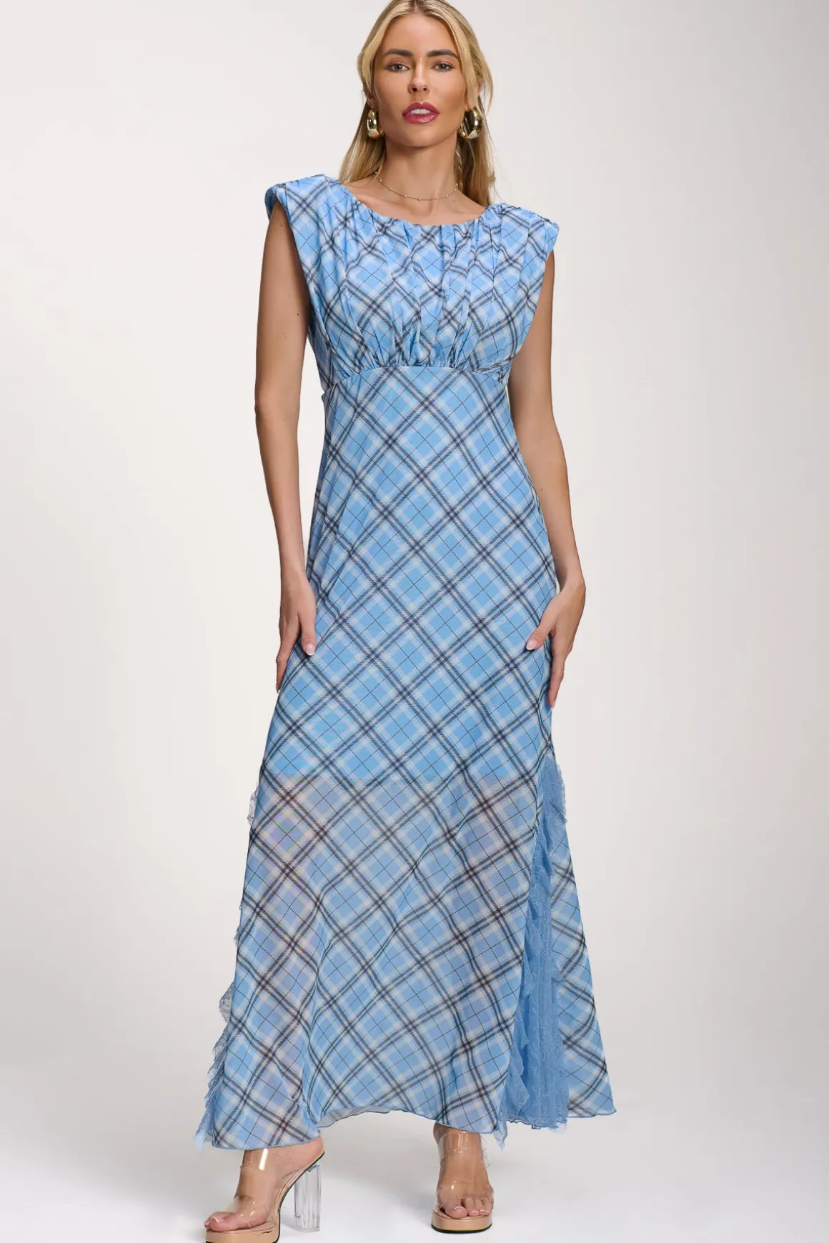 Lace Insert Mesh Maxi Dress, Blue Check