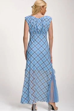 Lace Insert Mesh Maxi Dress, Blue Check