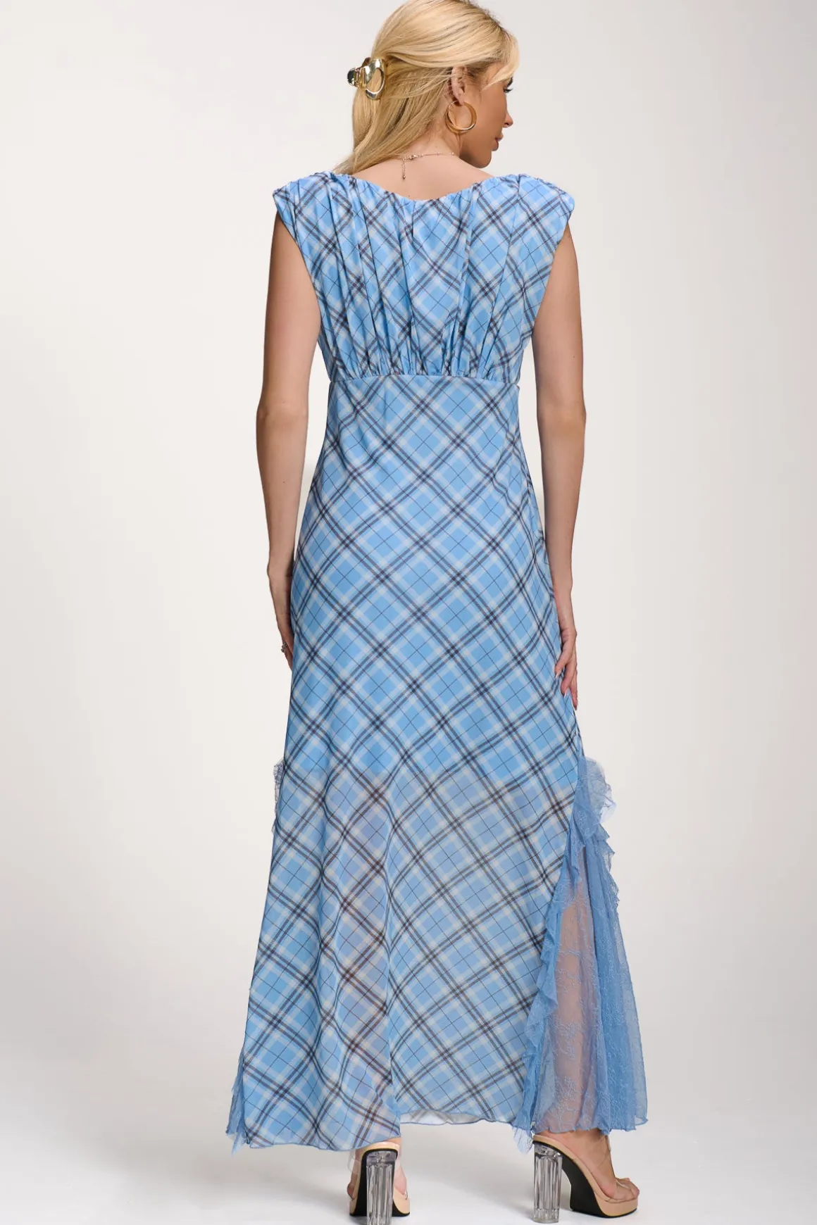Lace Insert Mesh Maxi Dress, Blue Check