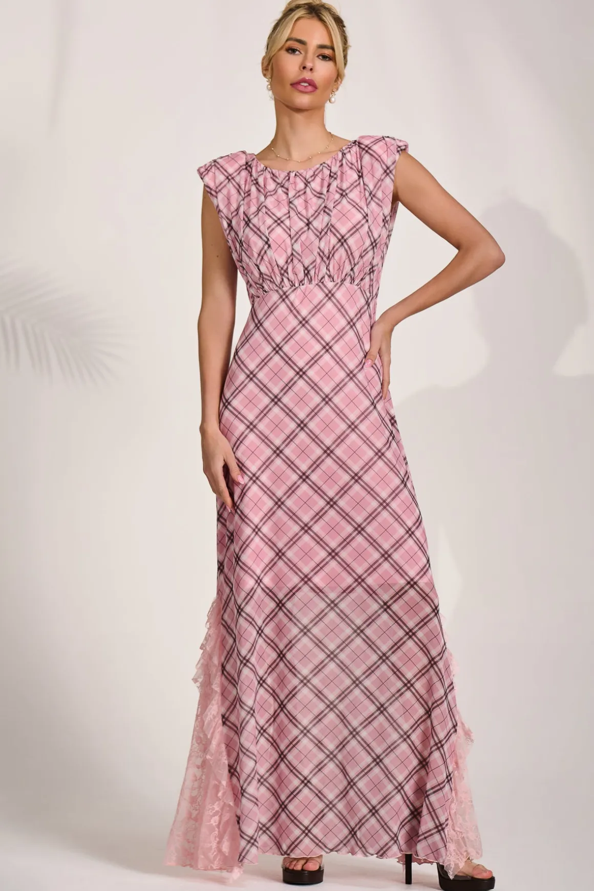 Lace Insert Mesh Maxi Dress, Pink Check