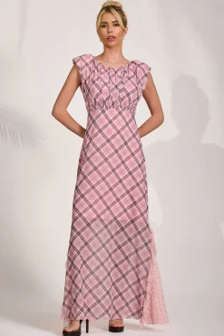 Lace Insert Mesh Maxi Dress, Pink Check