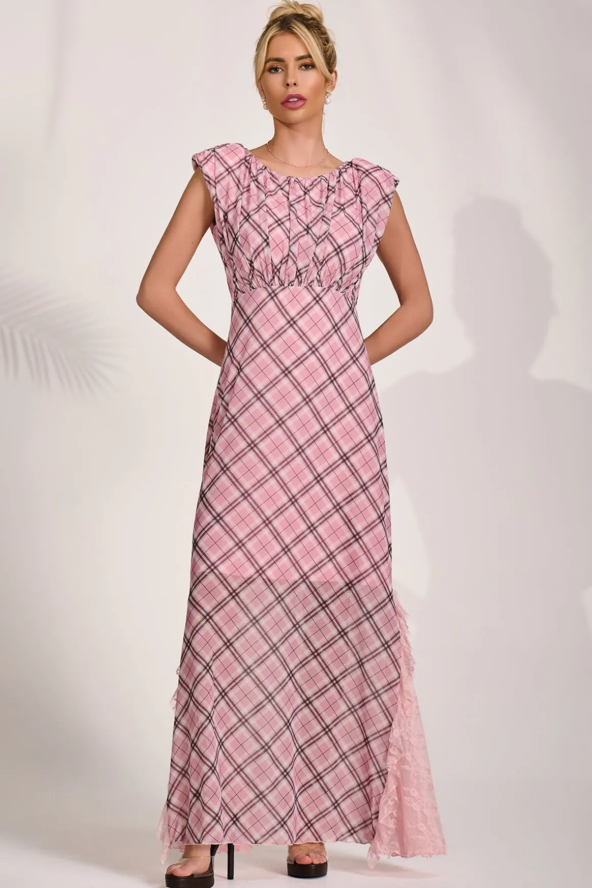 Lace Insert Mesh Maxi Dress, Pink Check