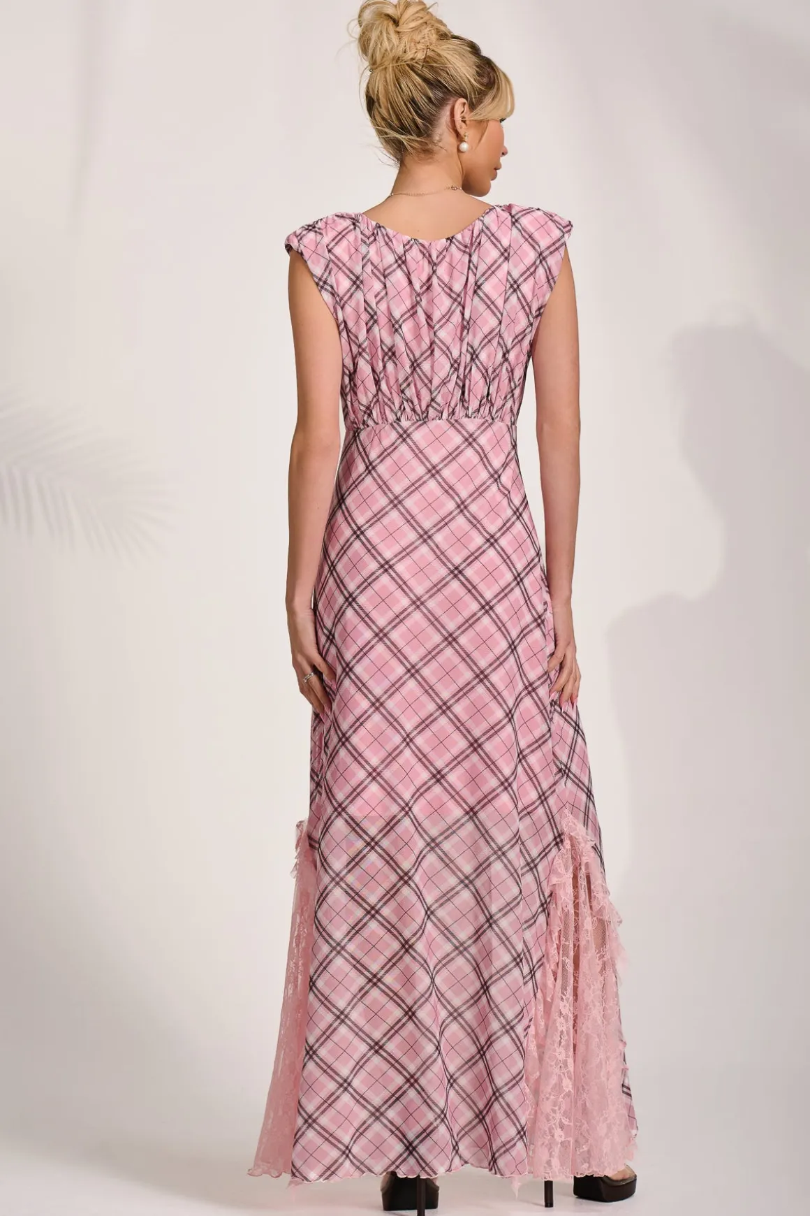 Lace Insert Mesh Maxi Dress, Pink Check