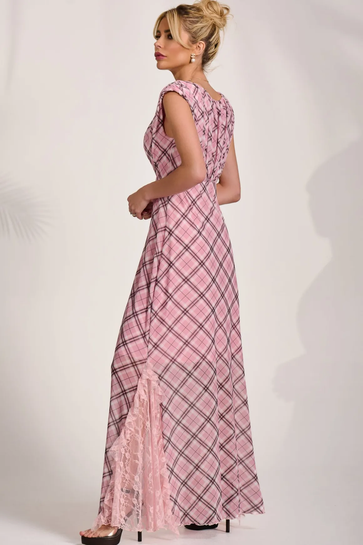 Lace Insert Mesh Maxi Dress, Pink Check