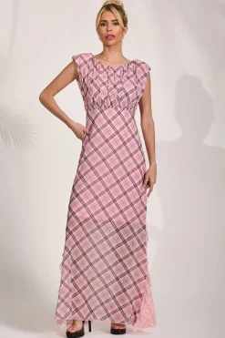Lace Insert Mesh Maxi Dress, Pink Check
