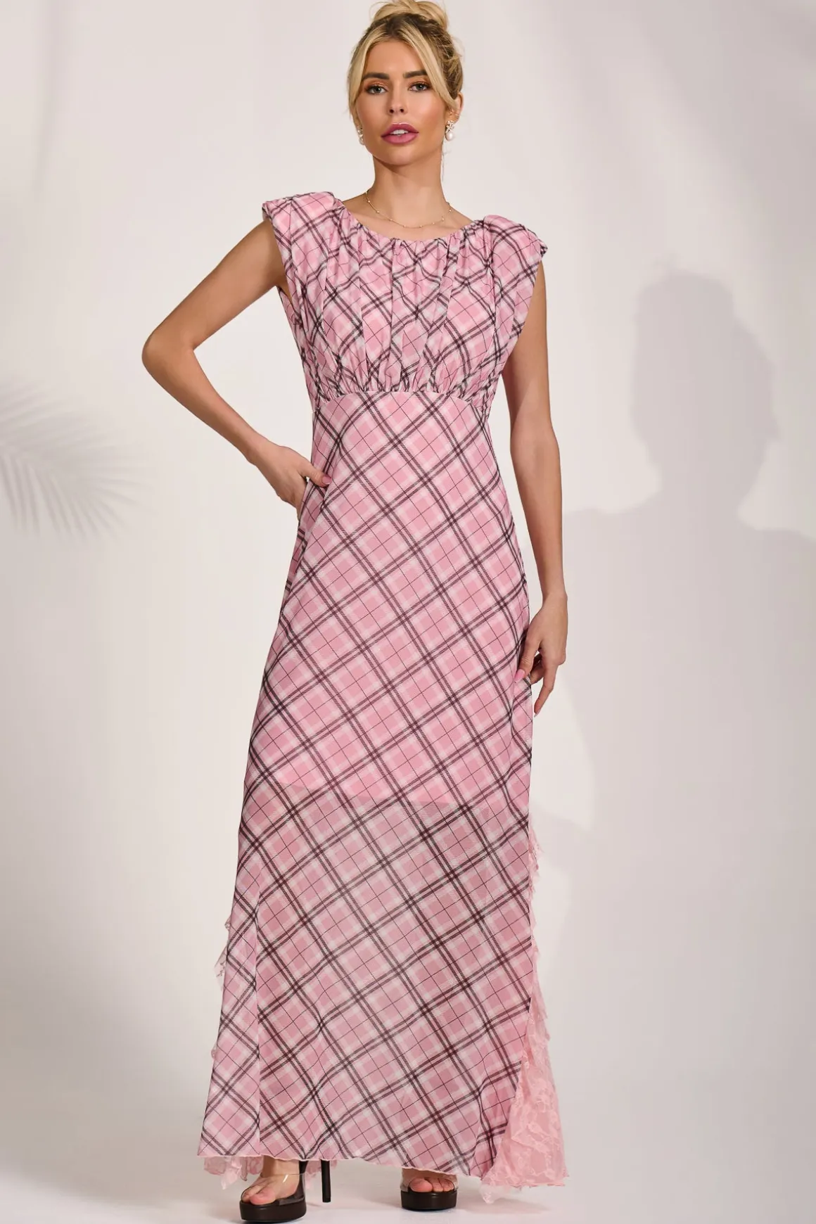 Lace Insert Mesh Maxi Dress, Pink Check