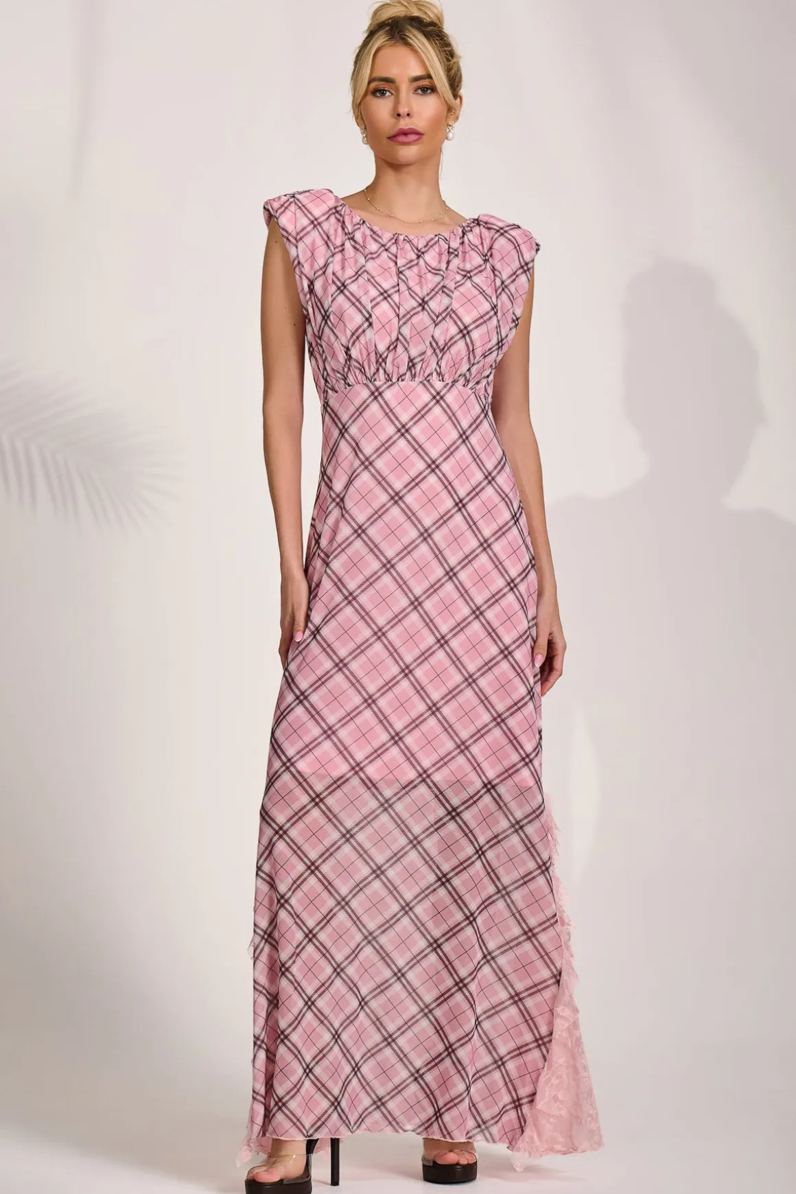 Lace Insert Mesh Maxi Dress, Pink Check
