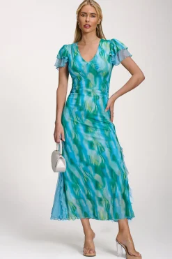 Lace Insert Mesh Midi Dress, Blue Abstract