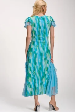 Lace Insert Mesh Midi Dress, Blue Abstract